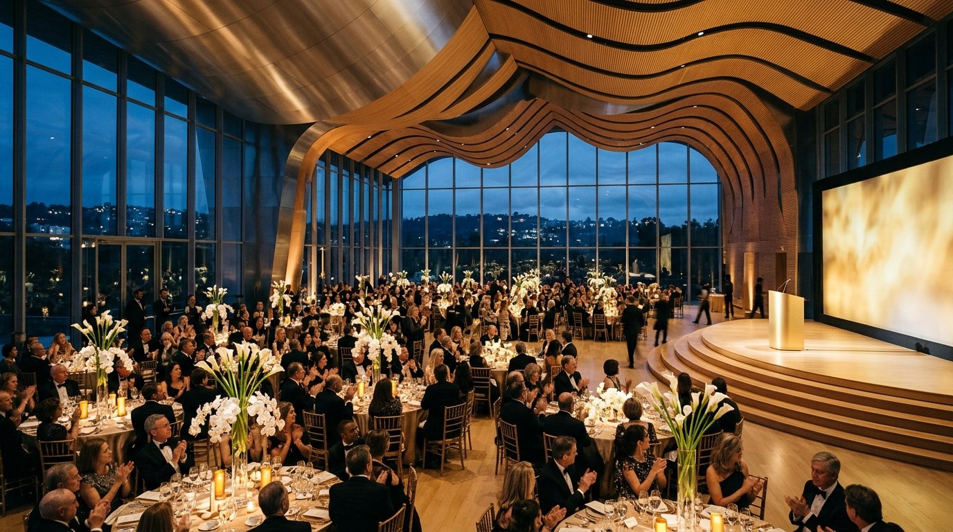 Black-tie charitable gala dinner and stage inside a sculptural undulating architectural pavilion