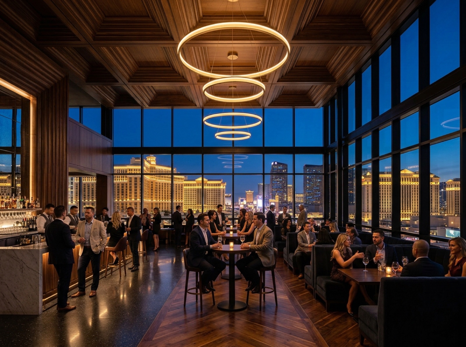 Double-height luxury sky lounge reception overlooking the Las Vegas Strip at dusk