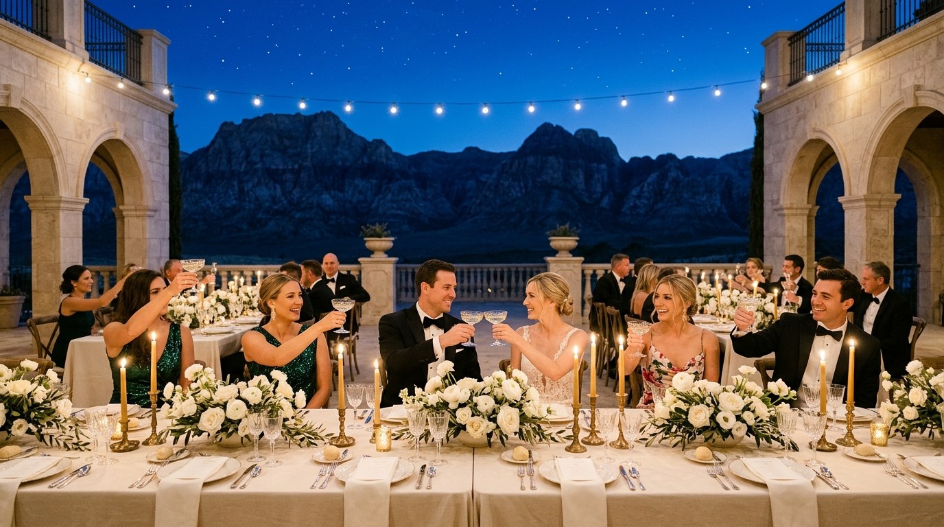 Candlelit luxury stone courtyard wedding reception overlooking Red Rock Canyon mountains at twilight