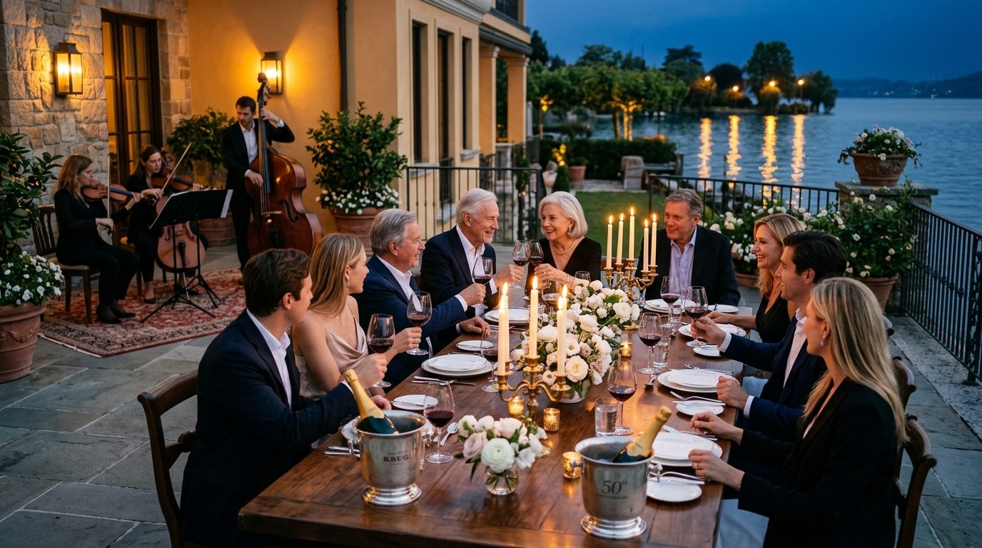 Intimate golden anniversary waterfront terrace dinner at blue hour with crystal glassware and acoustic string trio