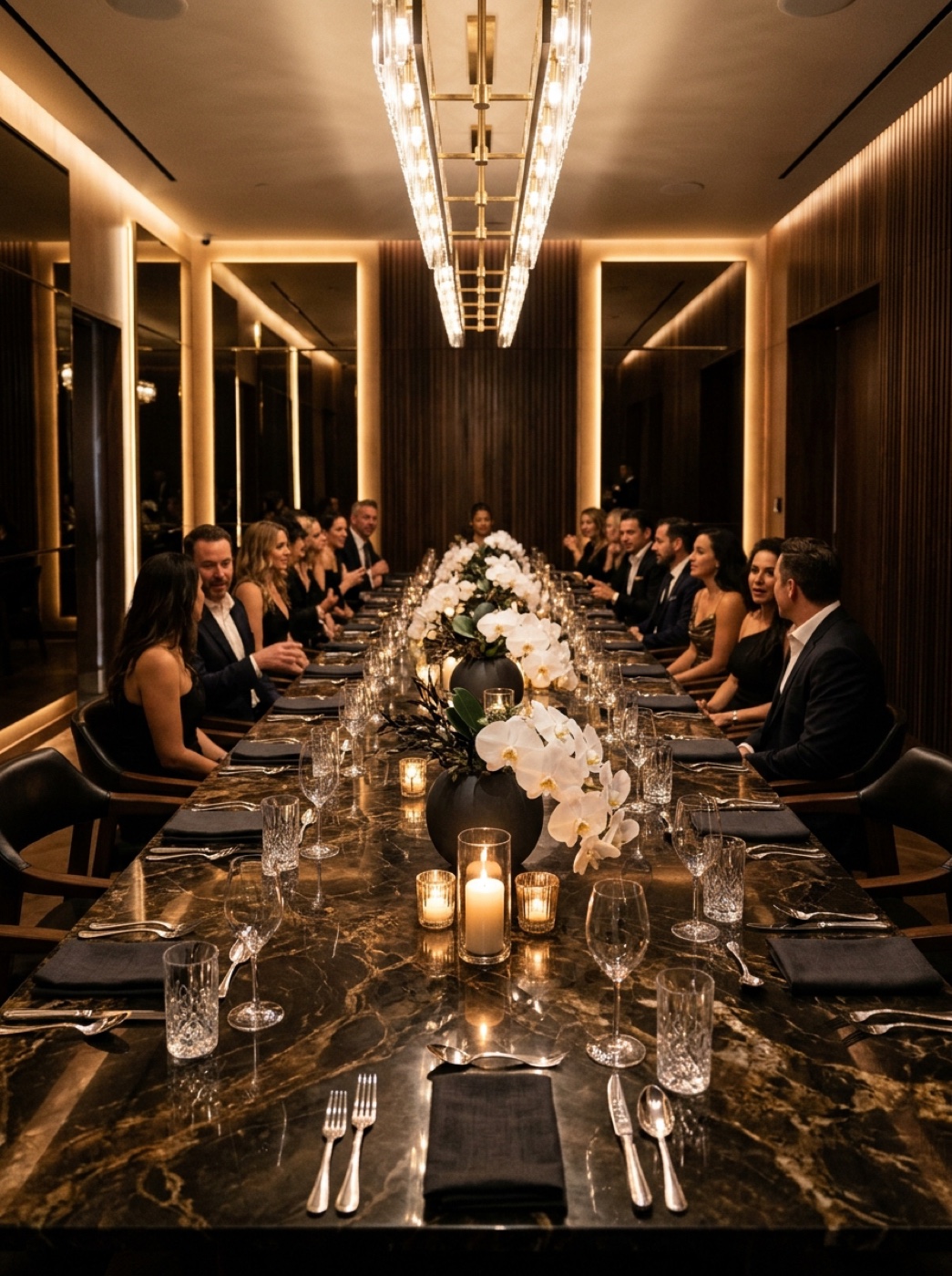 Candlelit marble private dining table set for an executive buyout dinner in Las Vegas
