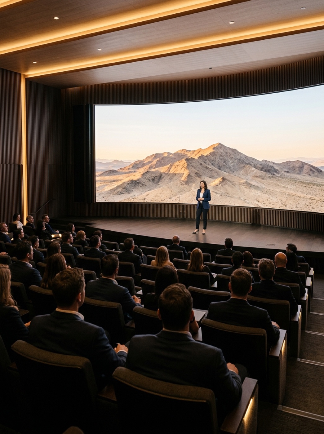 Executive keynote seminar auditorium in Las Vegas with curved panoramic LED stage