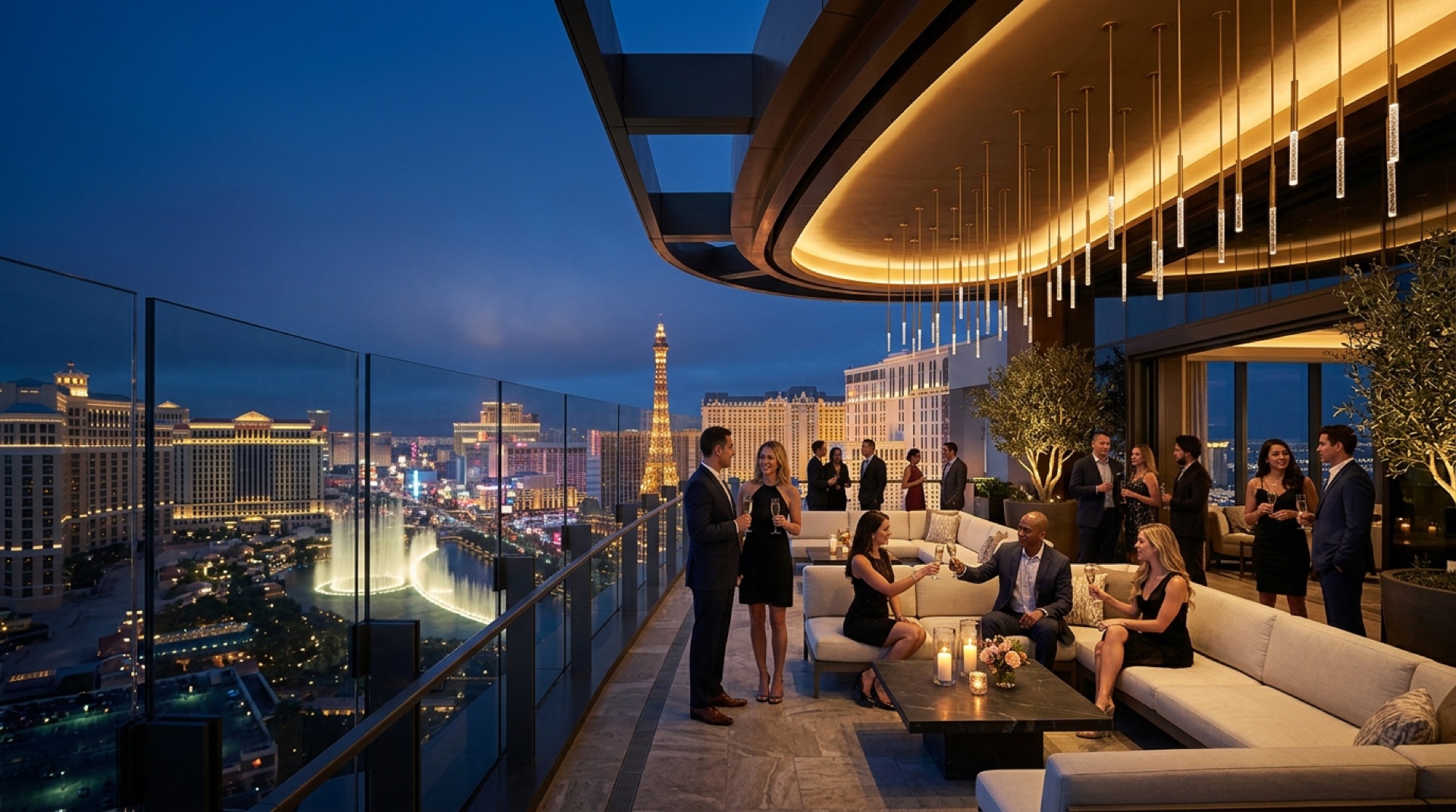 Twilight corporate cocktail reception on a luxury rooftop overlooking the Las Vegas Strip skyline