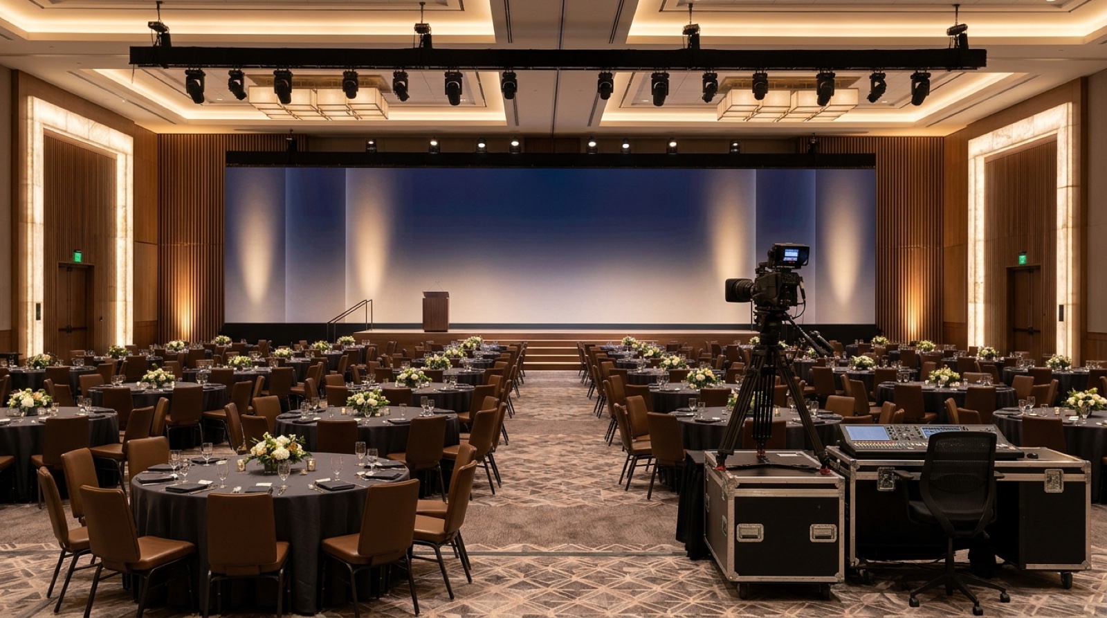 Architectural corporate keynote stage and precision lighting rig in Las Vegas